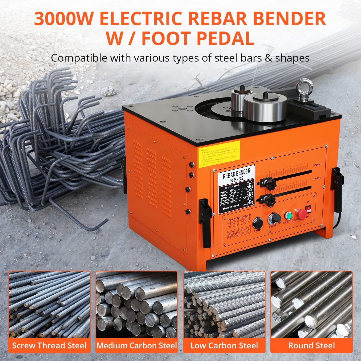 3000W Electric Rebar Bender, 6-7 Seconds Fast Bending Machine, 0-180° Accurate Portable Rebar Bender for 1/4 inch to 1.3 inch Steel Bar