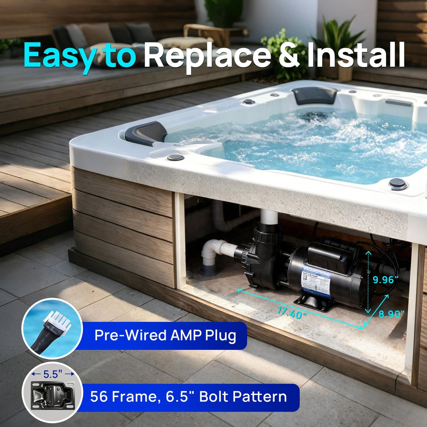 Aquastrong SPA Pump, Dual Speed Hot Tub Pump, Pure Copper Motor, Low Noise, Easy Installation with 1.5" & 2" Adapters, 90° Rotating Inlet & Outlet, Compatible with Hot Tubs & Spa Systems, Black