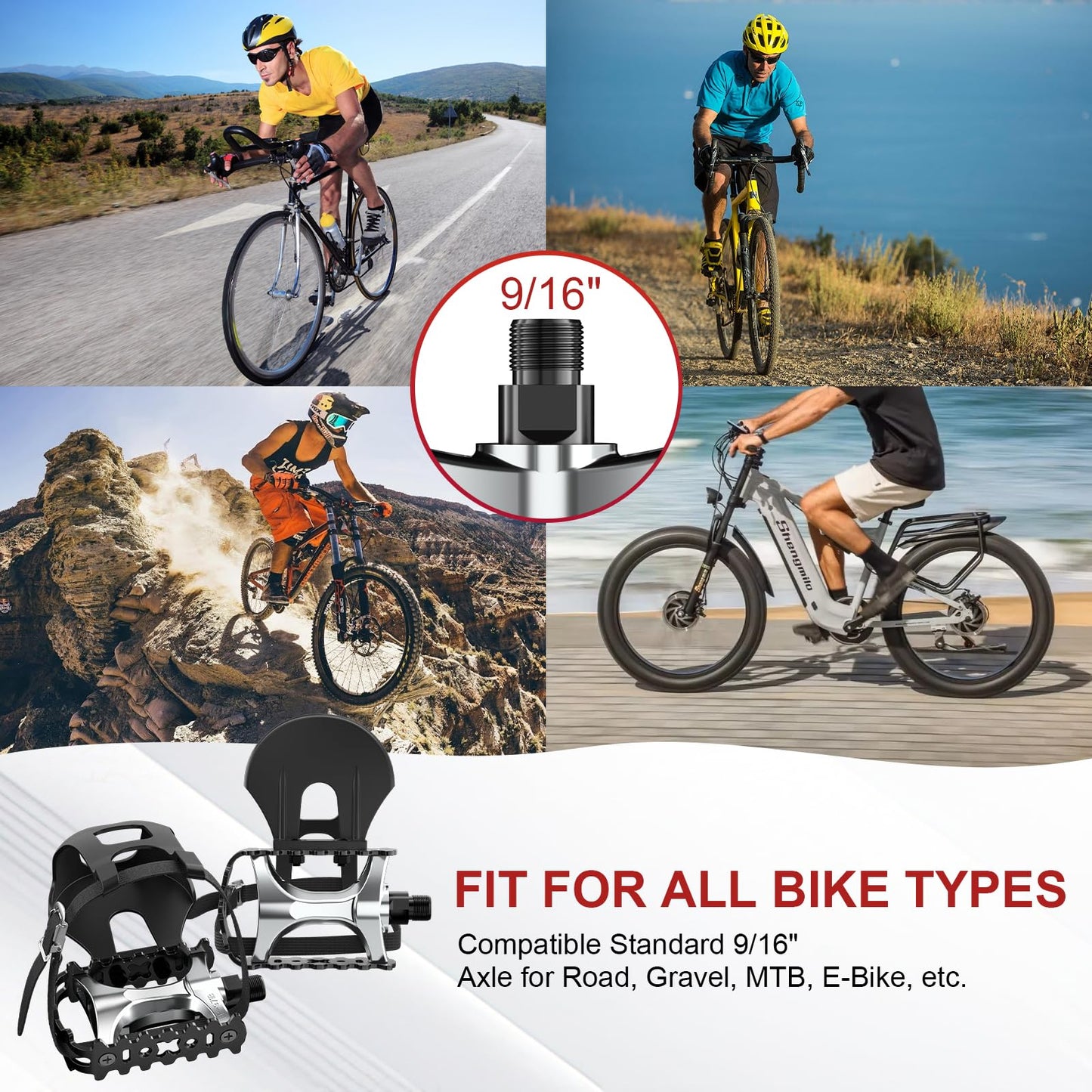 Bike Pedals,Grade Spin Bike Pedals with Toe Cages & Straps,Compatible with Road Bikes, Peloton, Mountain Bikes&MTB,Toe Clip Pedals Designed for Wide Shoes,Ideal for Indoor & Outdoor Cycling