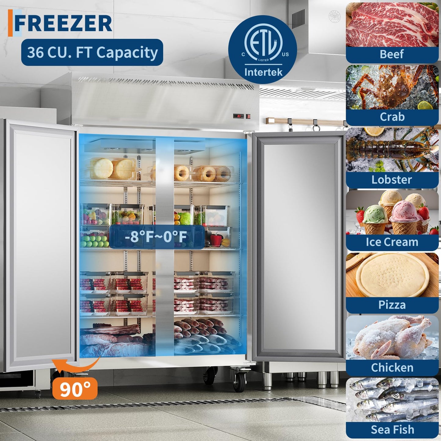 GarveeLife 48" W Commercial Freezer -8°F~0°F,Reach-in 36 Cu.ft 2 Door Stainless Steel Commercial Refrigerator Fan Cooling,6 Adjustable Shelves, Auto Defrost,for Restaurant,Bar,Kitchen,Shop