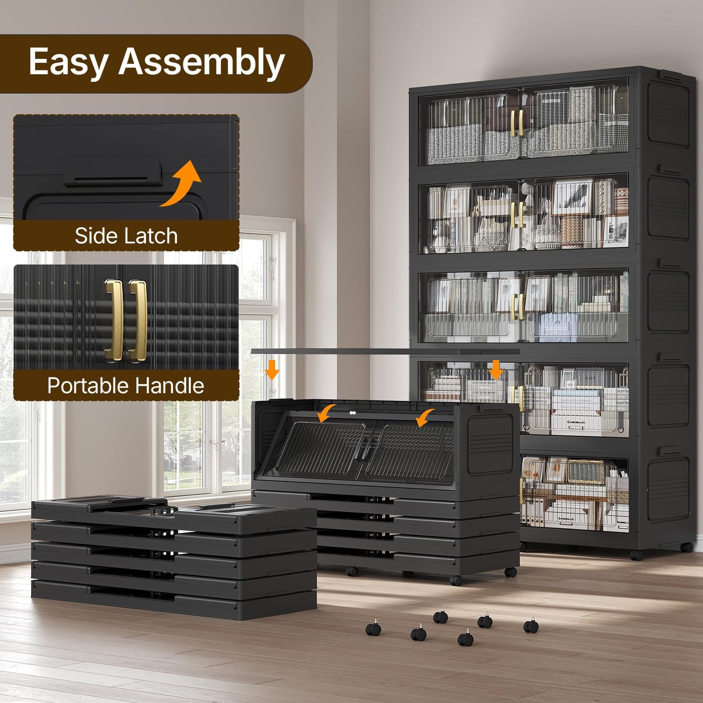 ARXYNEL Extra Large Stackable Storage Bins with Lid, 350Gal/1400QT Foldable Collapsible Storage Box with Doors, Wheels and Drawers, Plastic Closet Organizer Container for Kitchen, Bedroom, Dorm, 5Pack
