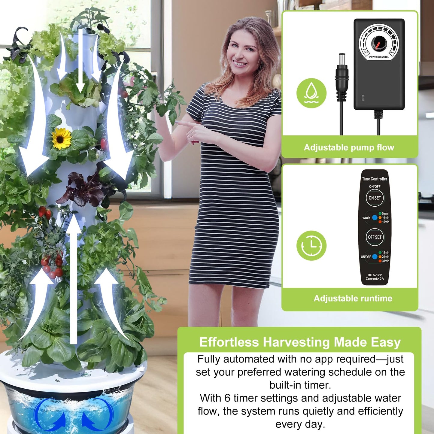 Vertical Hydroponic Growing System Kit, Indoor & Outdoor Hydroponic Tower, Herb Growing Garden with 36 Planting Sites, Automatic Timer Smart Hydroponic Gardening System