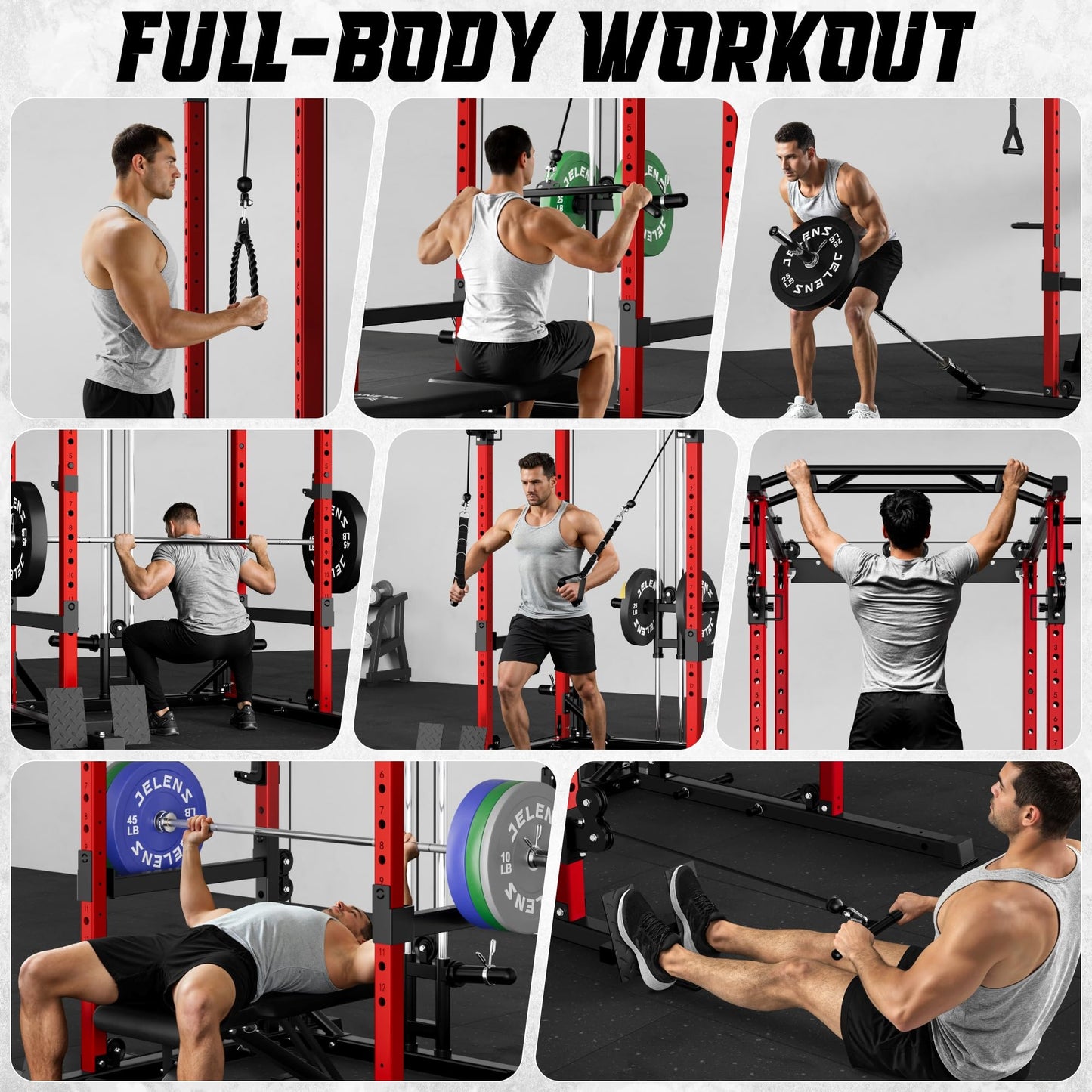 JELENS C12 Squat Rack for Home Gym, 2000LBS Power Rack with Adjustable Pulley System, Power Cage Workout Equipment with LAT Pulldown and Training Attachment (Red, C12 Squat Rack)