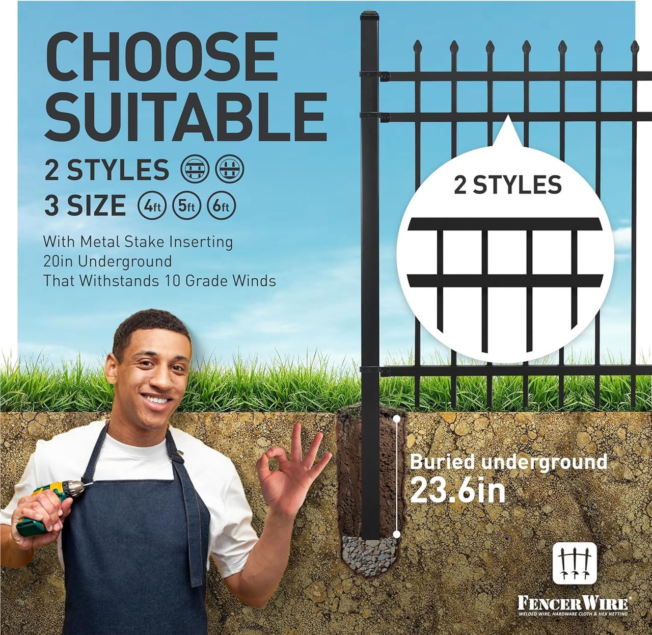 Fencer Wire 100FT Heavy Duty Flat Top Fence Barrier Kit, Anti-Rust Metal Steel Fence with 6FT Height X 6FT Width Panels, with Pinnacle Gate, Posts, Connectors, Outdoor Fencing for Yard