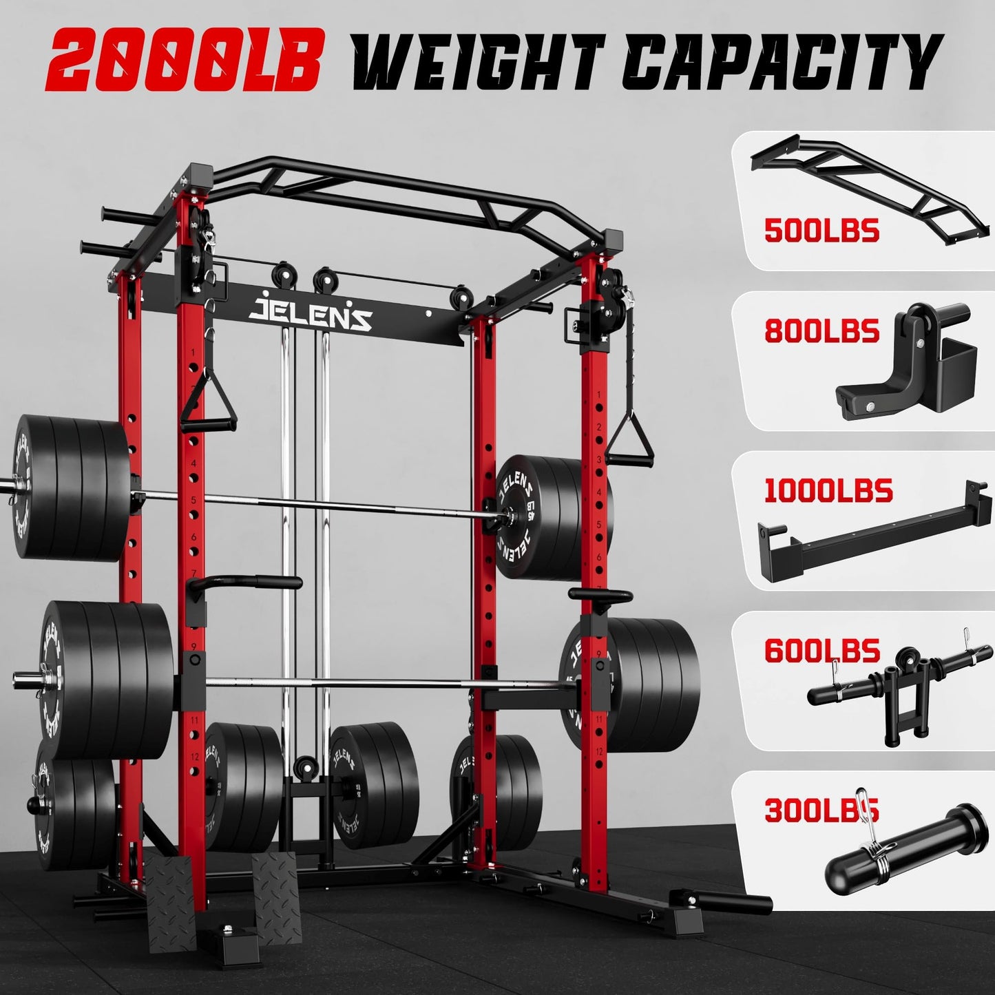 JELENS C12 Squat Rack for Home Gym, 2000LBS Power Rack with Adjustable Pulley System, Power Cage Workout Equipment with LAT Pulldown and Training Attachment (Red, C12 Squat Rack)