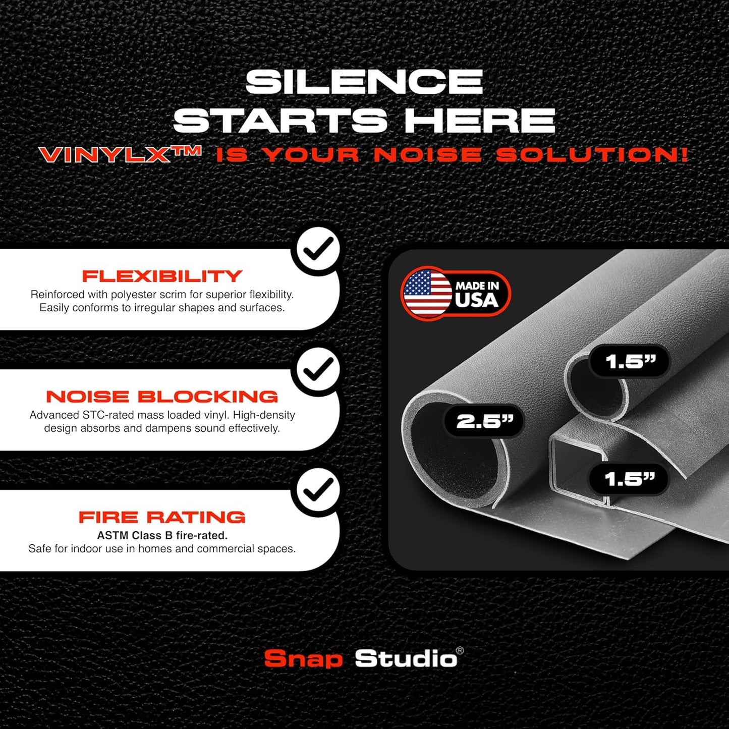 VinylX™ Reinforced Mass Loaded Vinyl (MLV) - Flexible, Heavy Duty Soundproof Barrier for Walls, Ceilings, Floors – ASTM Rated, USA Made – 1.0 lb/sq ft, 48" x 16' Roll