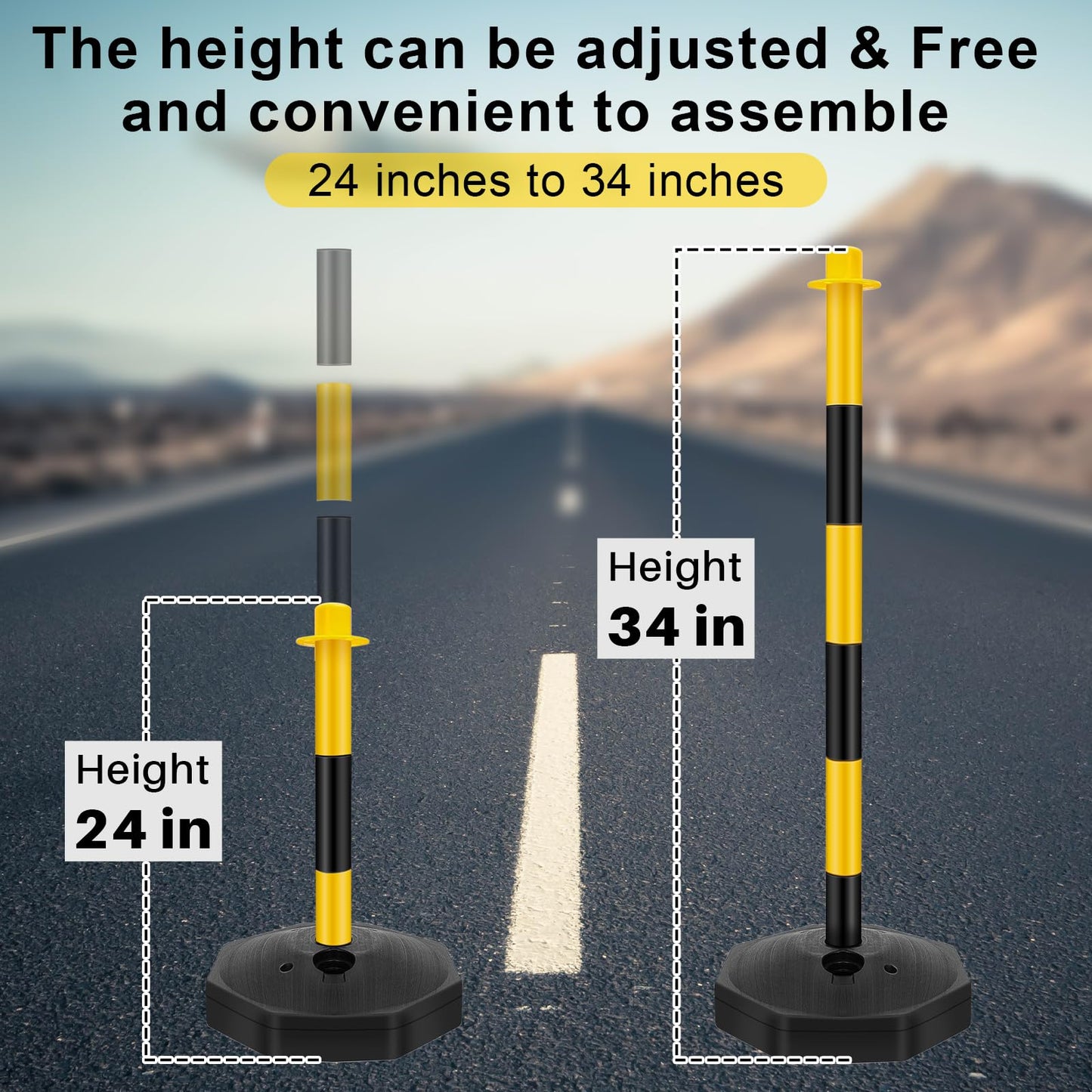 Konohan 6 Sets 34 Inch Parking Cone Delineators Post Traffic Cone Plastic Stanchion Set Stands Parking Barrier with Base 6.6 ft Chain S Hooks Reflective Collar (Yellow,Black)