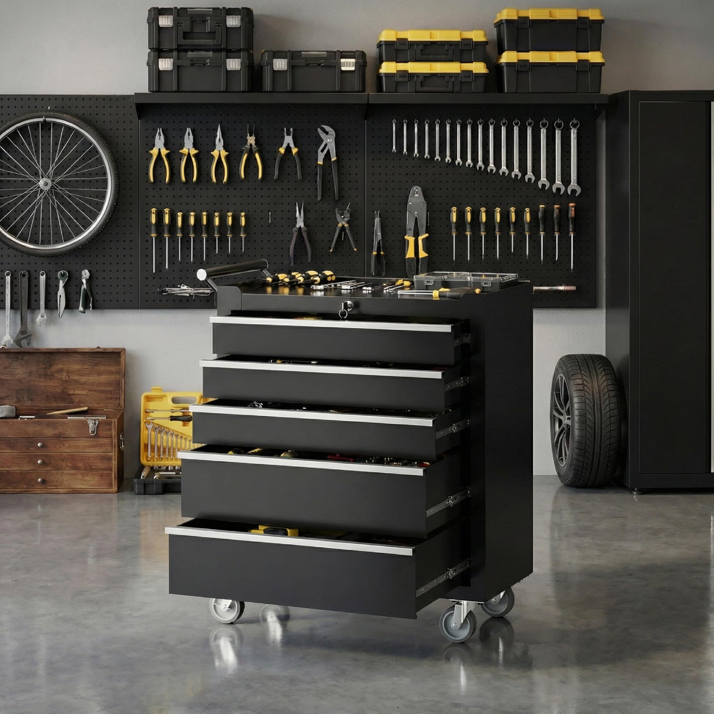 IDEALHOUSE Rolling Tool Chest, 5 Drawers Tool Storage Cabinet, Toolbox with Wheels, Portable Tool Cabinet Organizer with Locking System & Drawer Liners, Tool Storage Cart for Garage, Workshop, Black