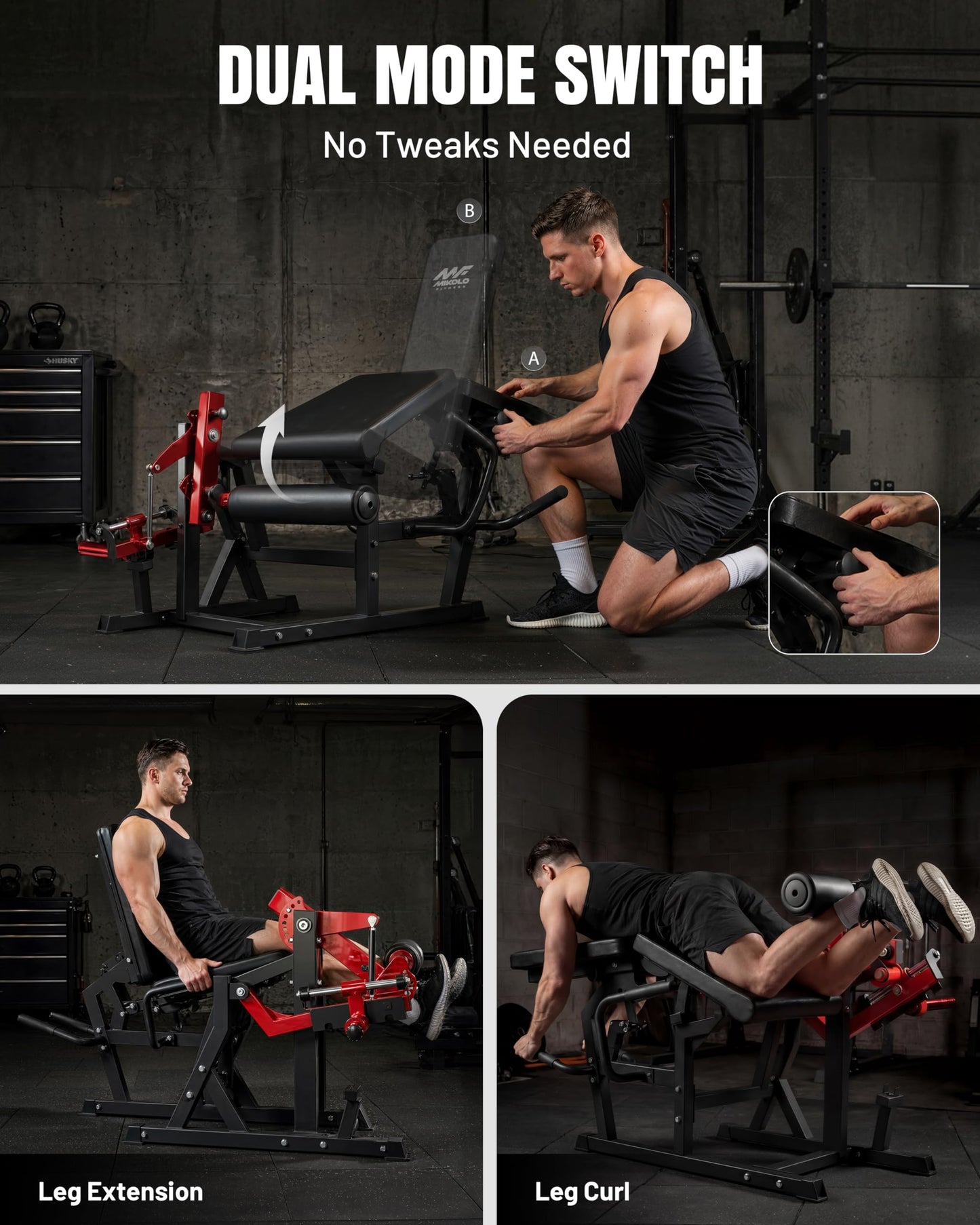 Mikolo Leg Extension and Curl Machine, Adjustable Leg Curl Machine for Home Gym, Seated Leg Extension and Lying Leg URL Machine, Leg Workout Equipment with 1:1 Resistance System,Red
