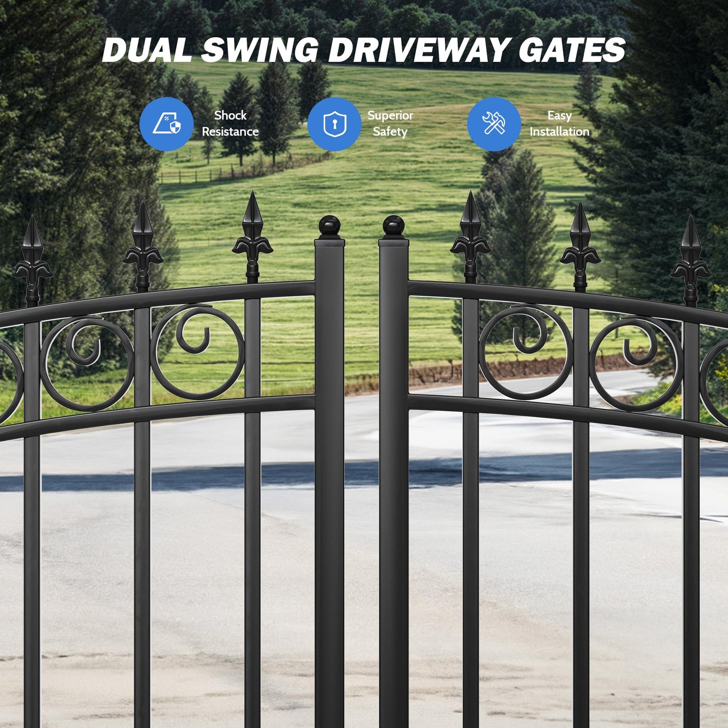 ZUMI Dual Swing Driveway Gates, 12x6 ft. Outdoor Steel Swing Gates for Driveway, Heavy-Duty Driveway Fence Gates for Home Security, Weatherproof Iron Security Gate Kit for Outdoor, Sydney Style