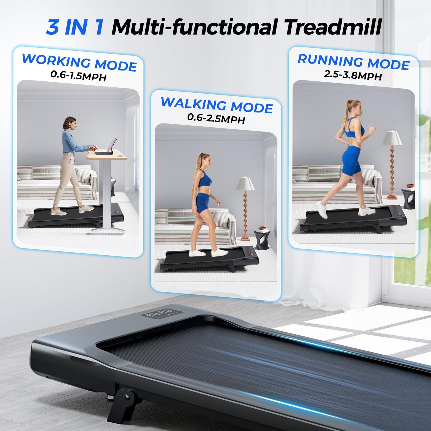 SupeRun Walking Pad with Incline, Under Desk Treadmill, 3 in 1 Portable Treadmills for Home with Remote Control LED Display, 2.5 HP Quiet Mini Treadmill for Office Home Use, 300 Lbs Capacity