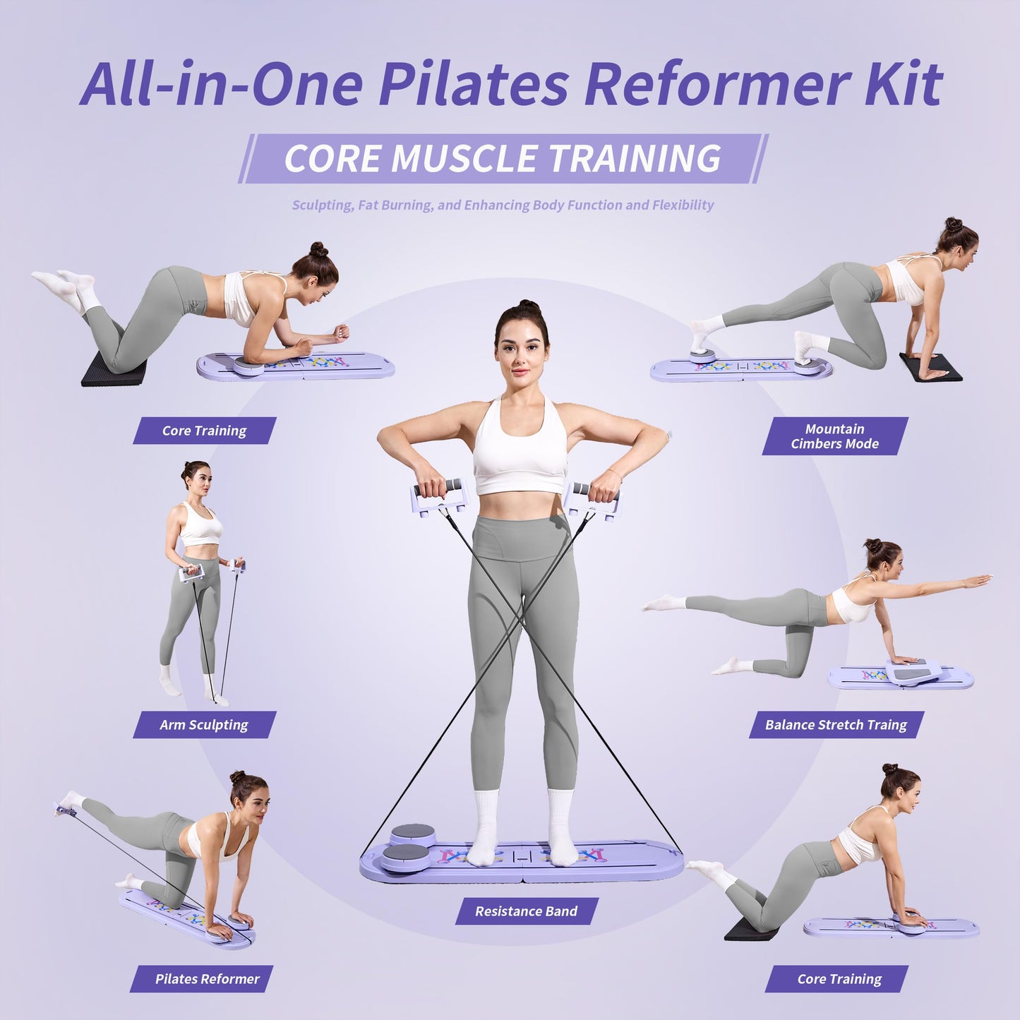 Pilates Board Reformer 15-in-1: Split & Foldable Design, Portable Home Gym with Digital Display, Resistance Bands, Balance Board for Women's Full Body & Core Training