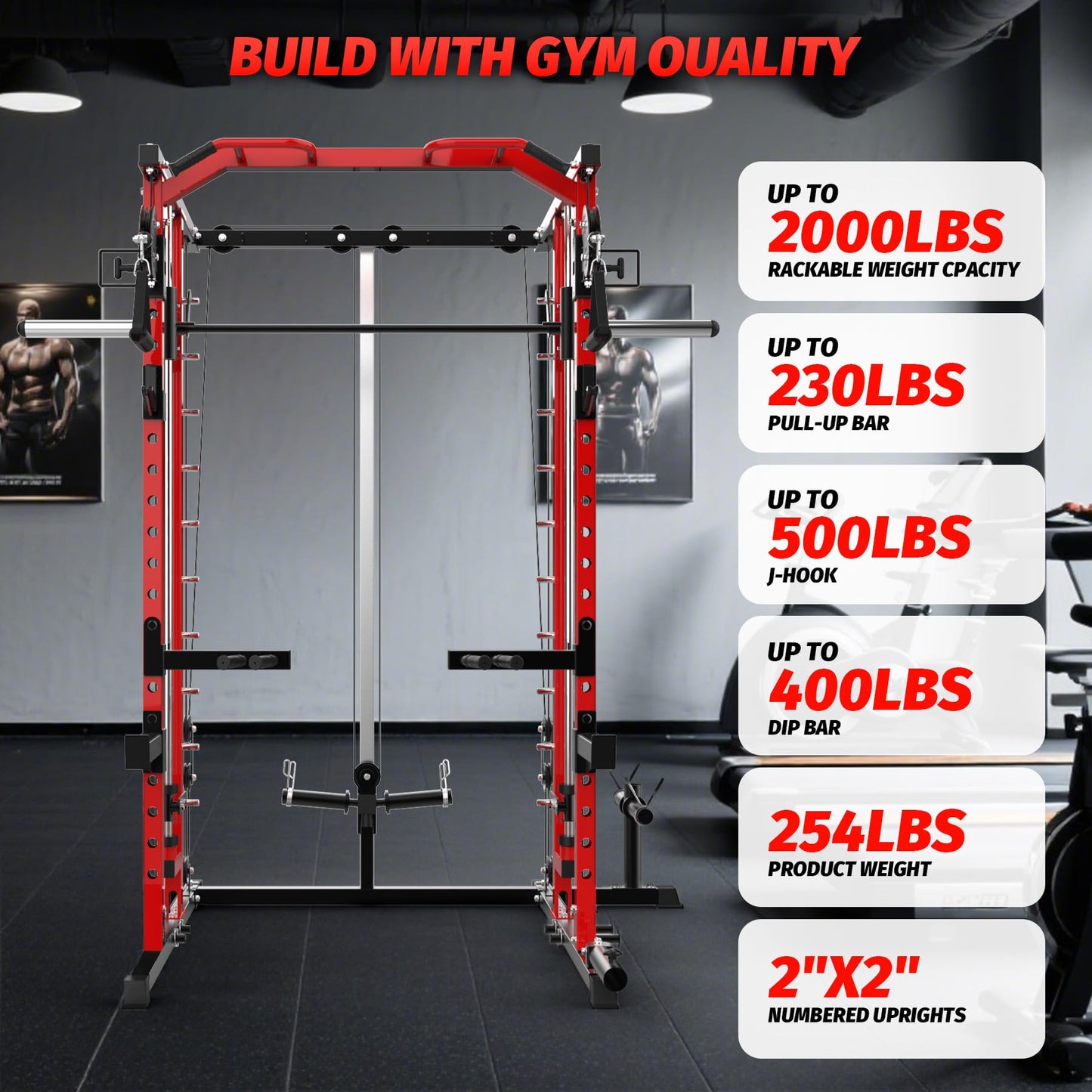 Garvee Power Cage, Smith Machine Squat Rack, Heavy Duty Power Rack for Home Gym with Pulley System, Dip Bar, LAT Pulldown, Multifunctional Squat Rack for Home Gym