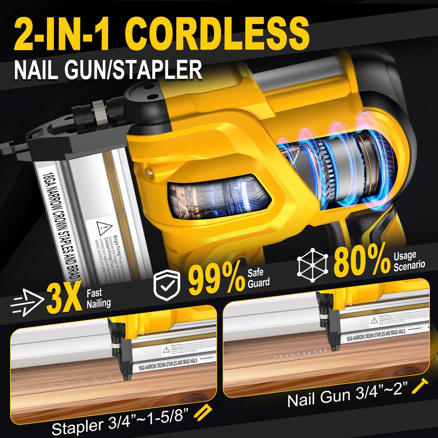 SILVEL 18 Gauge Cordless Brad Nailer, 2 in 1 Cordless Nail Gun/Electric Stapler, 2 * 4.0Ah Battery Powered Nail Gun, Fast Charging for Woodworking,Home Improvement, YELLOW