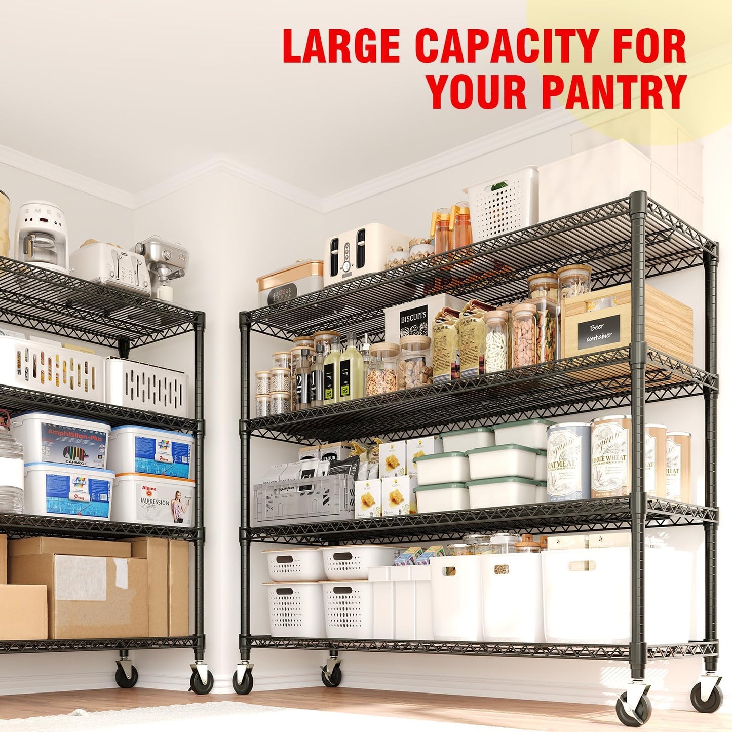 EliteEdge 4-Tier Tall Steel Wire Shelving Unit with Wheels, Heavy Duty Storage Rack, 2640 Lbs Capacity, Adjustable Industrial Shelves for Garage, Workshop, or Warehouse