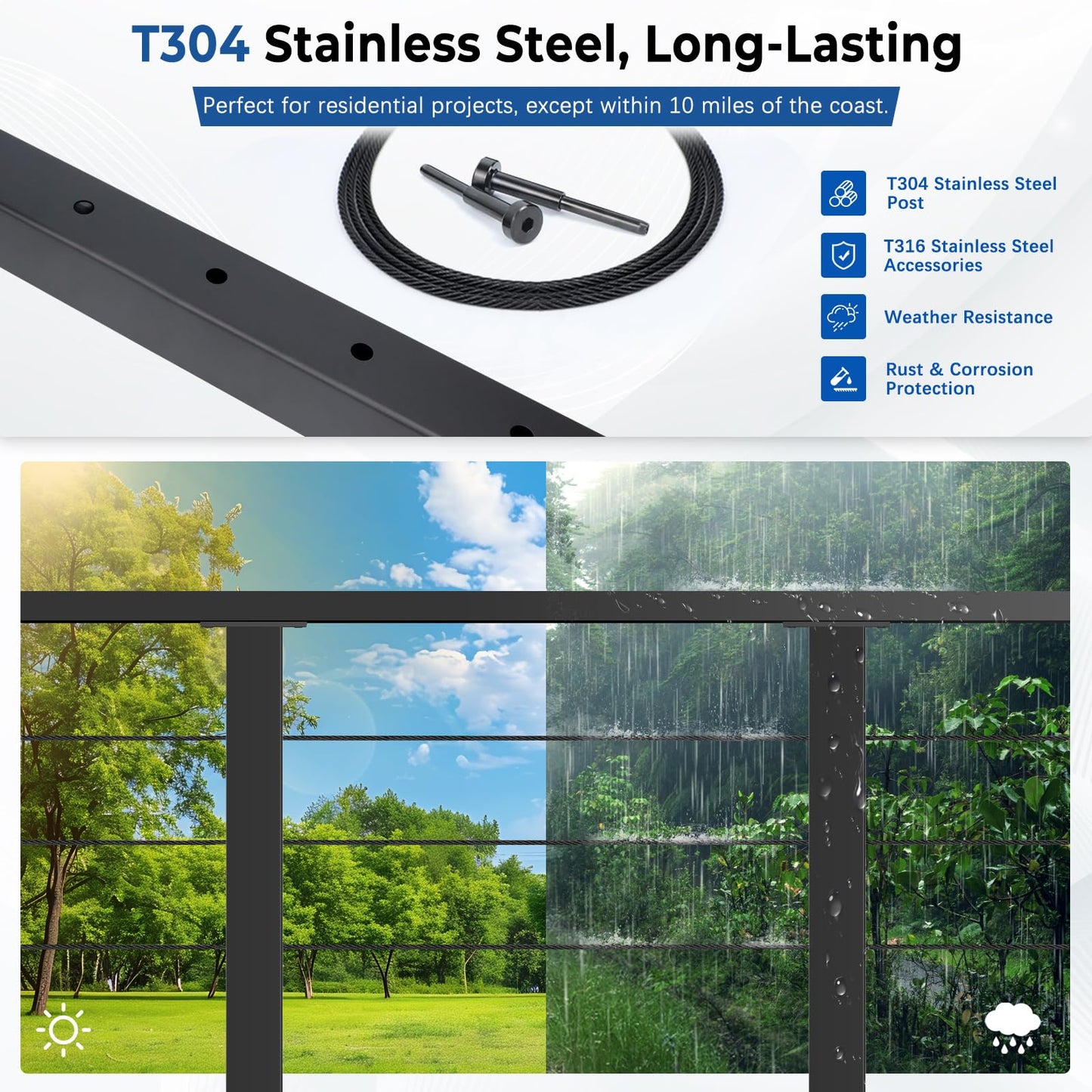 Zylorix 36" Modular 12-16FT Black T304 Cable Railing Post Kit, Complete Cable Railing System with 4 Level Posts & 177ft 1/8" Wire Rope(No Handrail), Adjustable Length Easy DIY for Decks/Porch