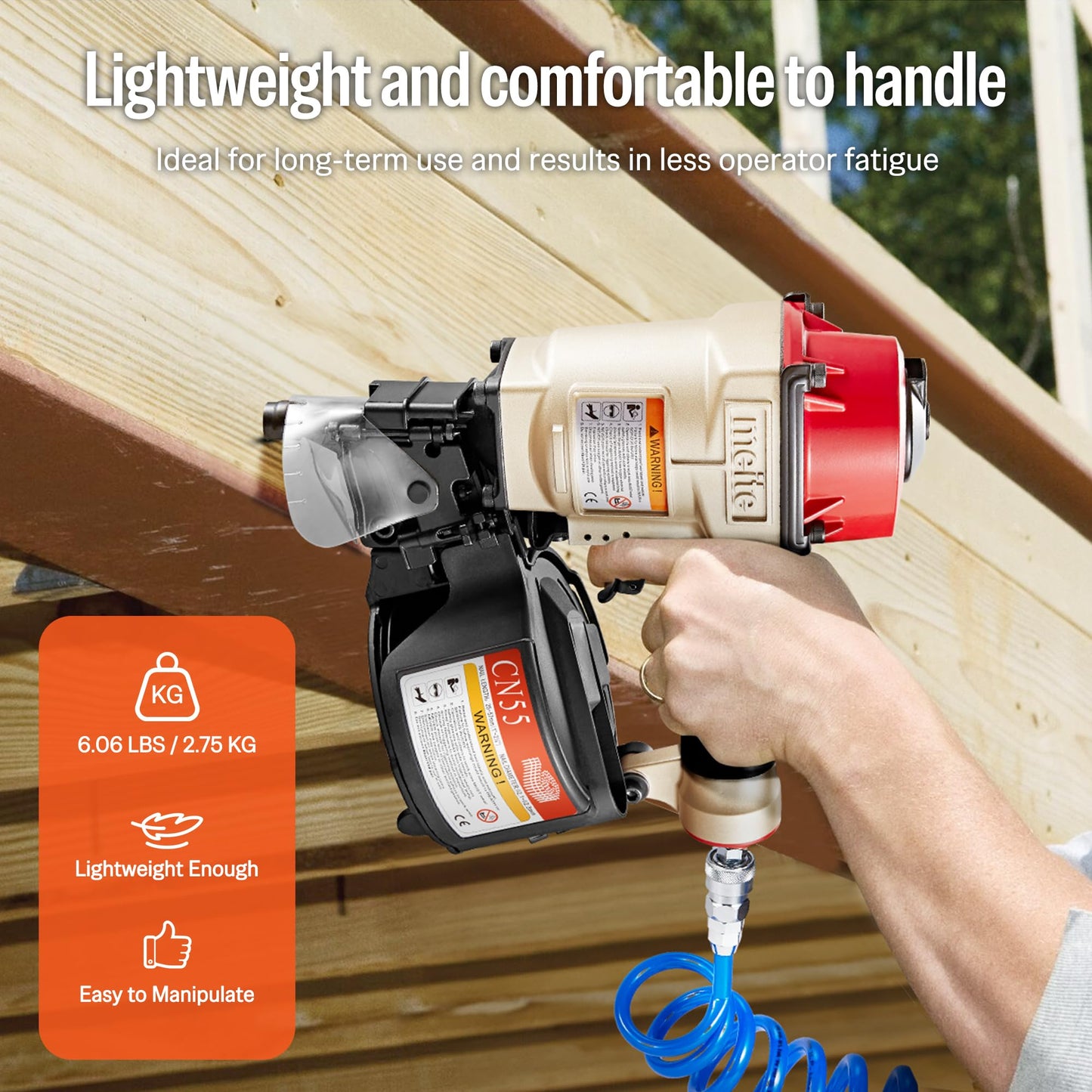 meite CN55 Coil Nailer Pneumatic Nail Gun 15 degree 1" to 2-1/4" Coil Nails, Heavy Duty Air Coil Nailer with Coil Nail Magazine 300PCS for Hardwood Projects Pallets Framing Sheathing
