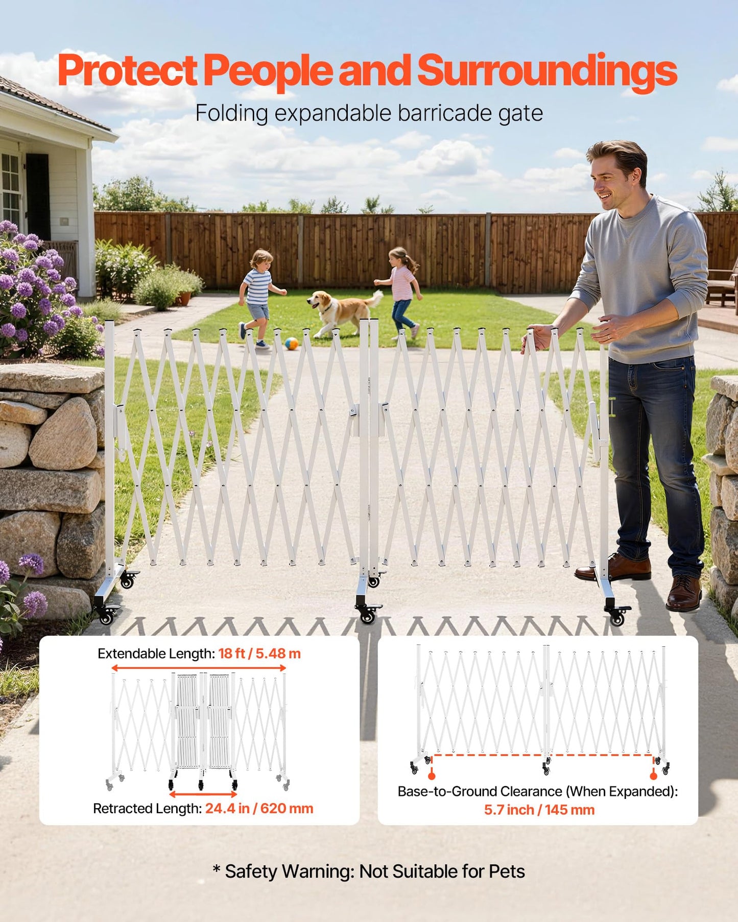 VEVOR Double Expandable Barricades, 18FT Expandable Safety Barrier, 0-180° Rotatable Mobile Barricade with Locking Casters, Portable Folding Security Gate Traffic Fence for Patio Garden Stairway