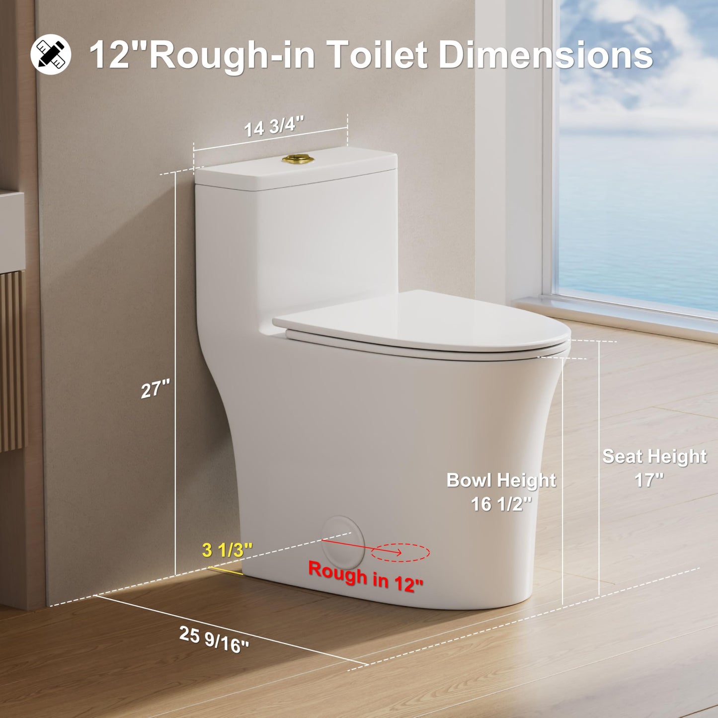 BayRoll One Piece Sleek Modern Toilet, 17" ADA Comfort Chair Height Seat, Dual Flush 0.9/1.28 GPF, MAP 1000g, 12" Rough-In, Compact Fully Skirted Round Toilet for Bathrooms, Gold Button
