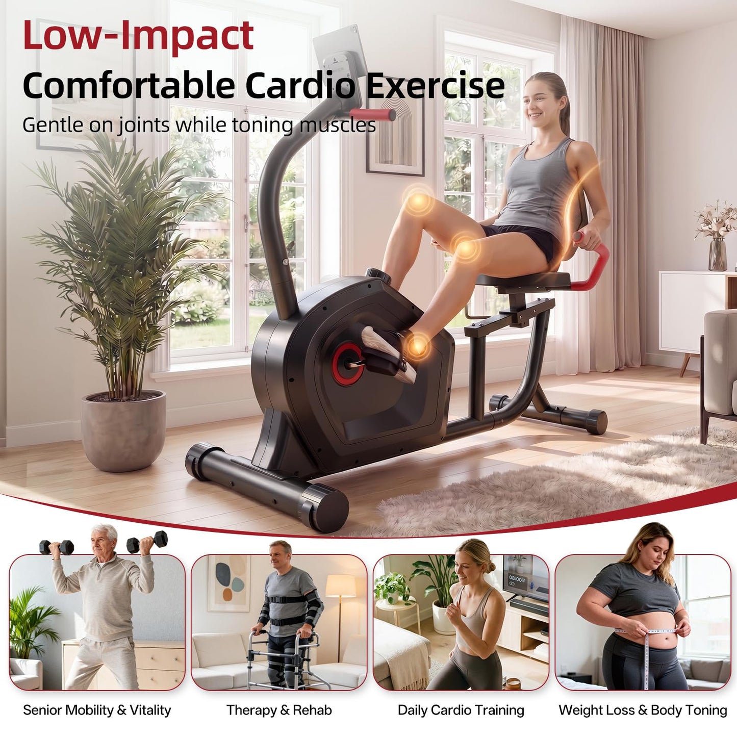 Recumbent Exercise Bikes for Home Use, Quiet Magnetic Stationary Bikes for Seniors & Adults, with 16-level Resistance, 400LB Weight Capacity, Adjustable Comfortable Seat, LCD Monitor and Pulse Sensors