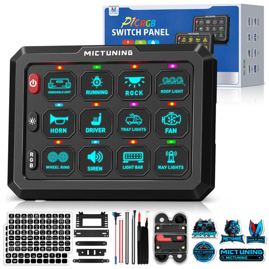 MICTUNING P1C+ RGB 12 Gang Switch Panel, IP67 Waterproof 6 Level Brightness Multifunction Toggle Momentary Flash Strobe Circuit Control Relay System Box for Off Road Truck SUV UTV RV