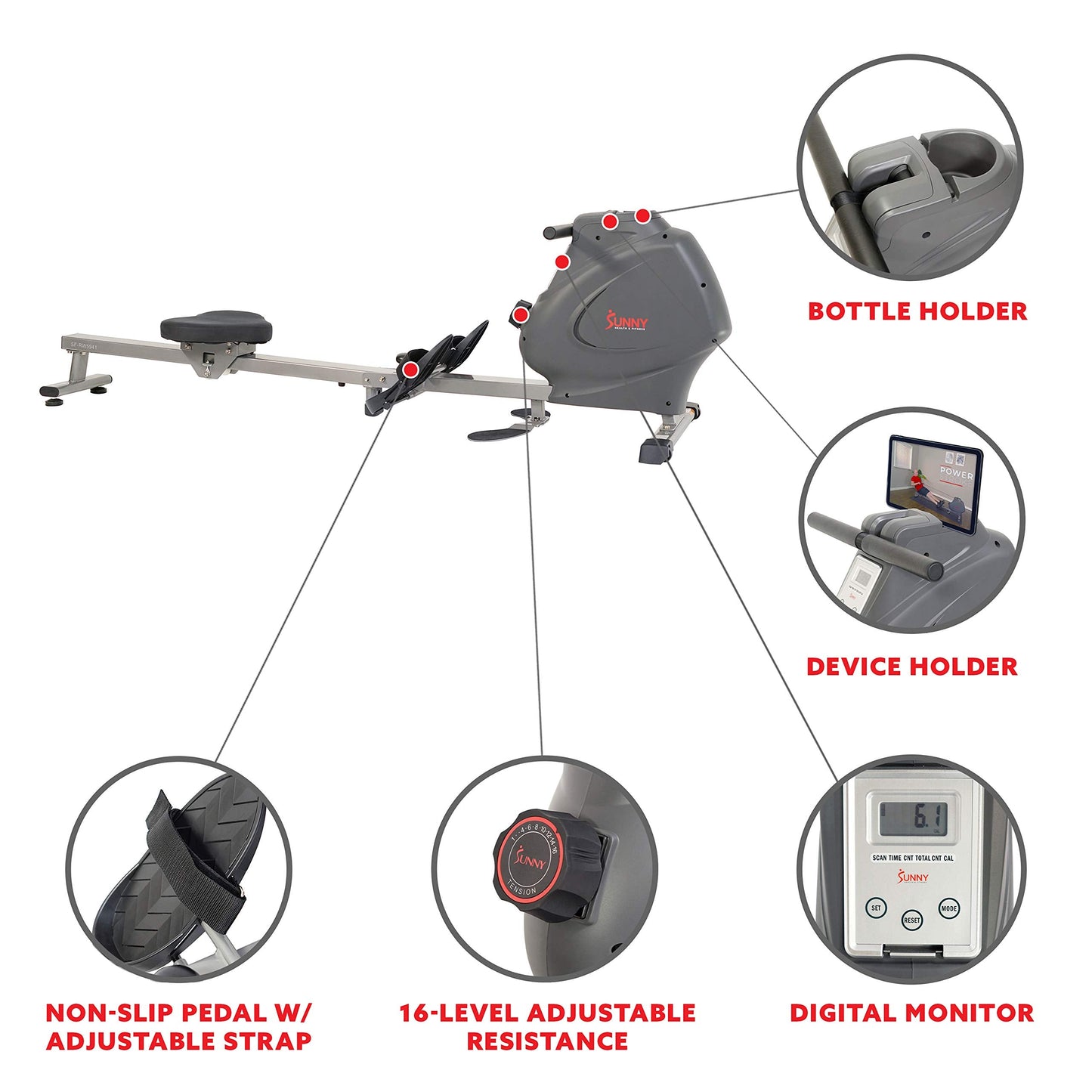 Sunny Health & Fitness Multifunction Premium Magnetic Indoor Rowing Machine - SF-RW5941