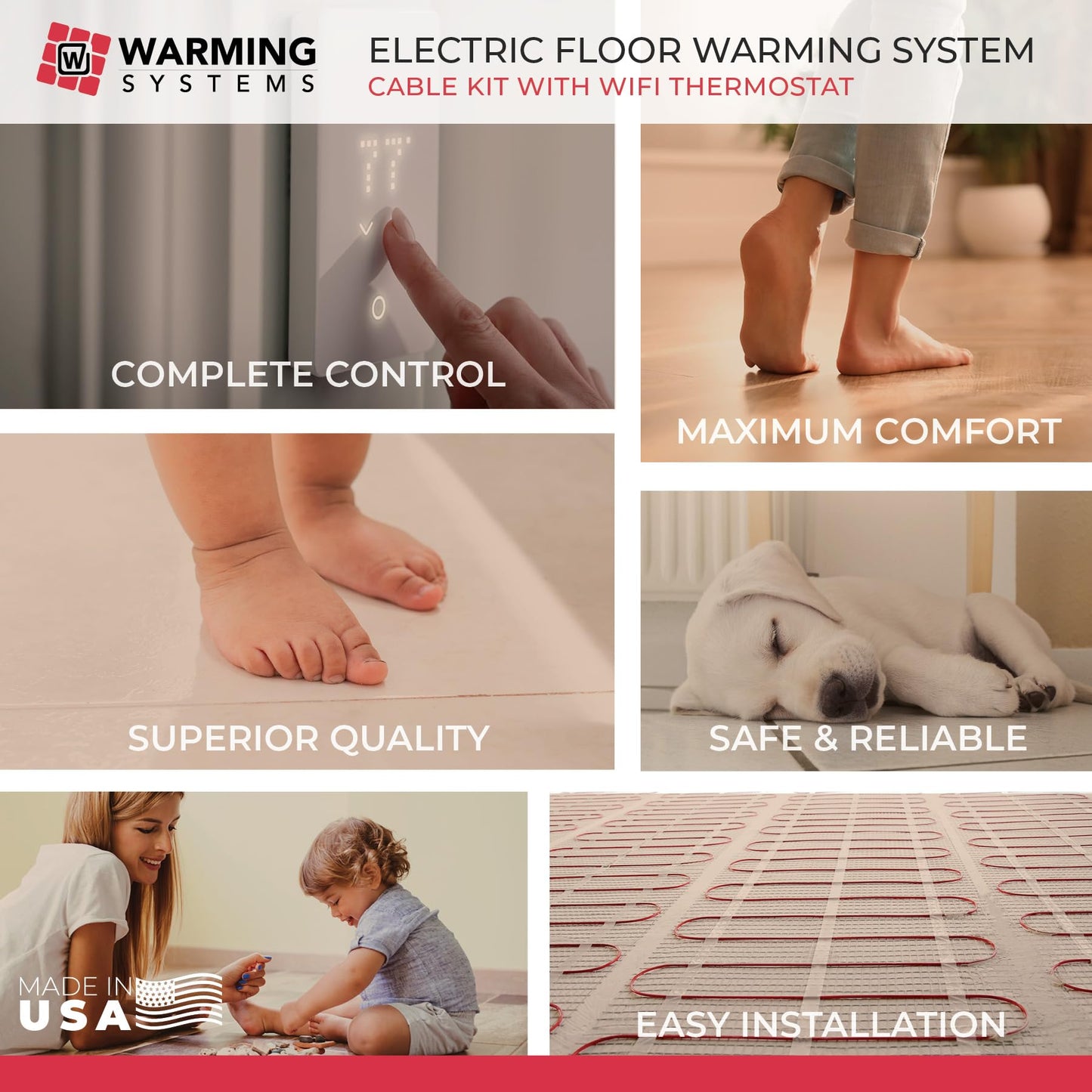 Warming Systems - 120 Sqft Electric Radiant Floor Heating Cable Kit – 120V Heated Tile Floor System with UWG5 Programmable Thermostat, Sensor, Installation Monitor & 25 Year Warranty, Made in the USA