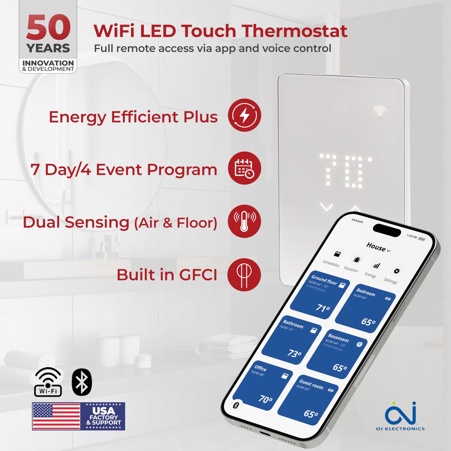 LuxHeat 150sqft Floor Heating Mat Kit - 120v Under Tile Floor Heater Kit for Vinyl - Easy to Install Infloor Heat System - Includes UWG5 WiFi Programmable Thermostat w/GFCI, Alarm & Flooring Sensor