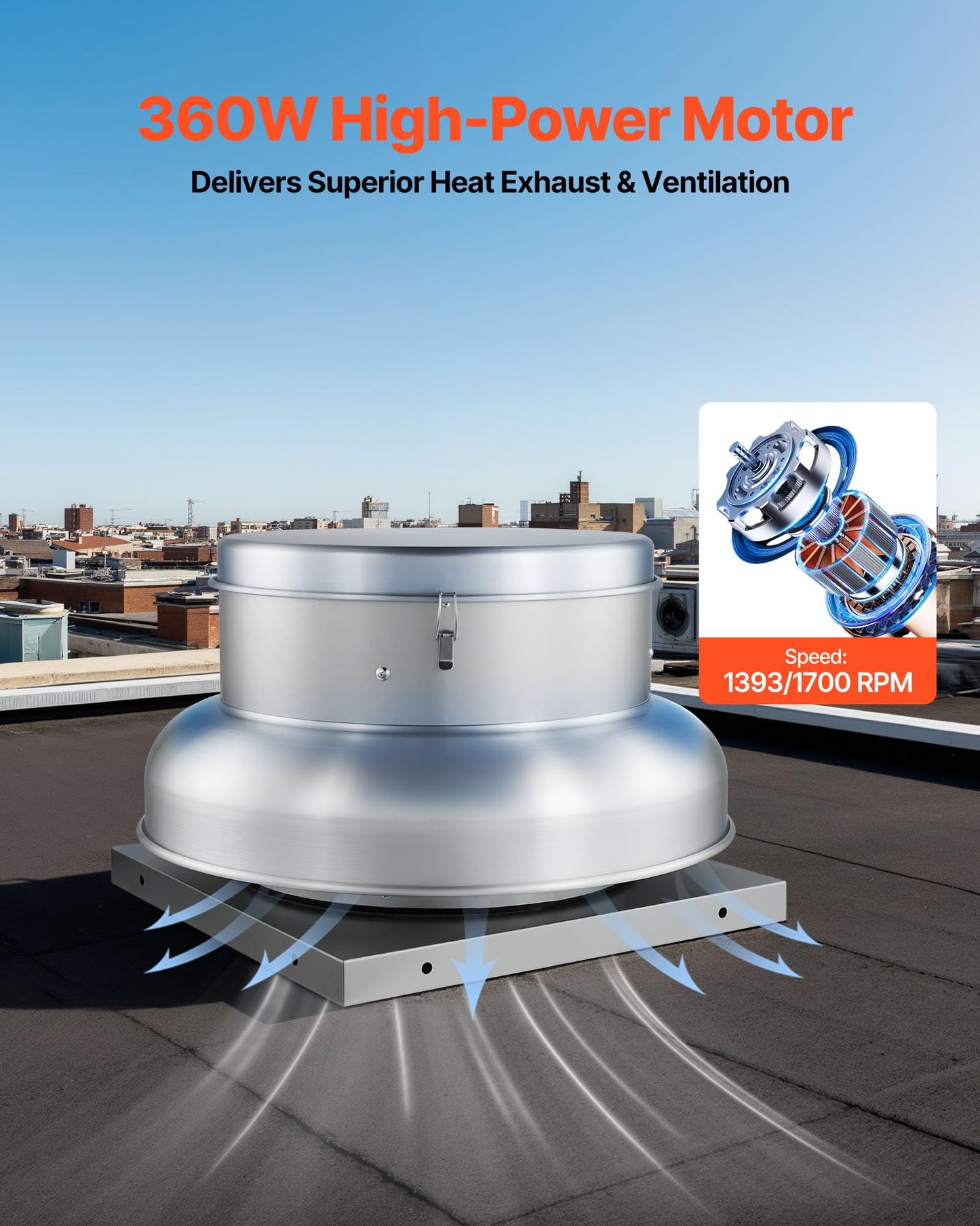 VEVOR Roof Exhaust Fan, 3000CFM & 3900CFM Adjustable Speed Control Attic Vent Fan with High-Power Motor, 24.8inch Fan Base Heavy-Duty Aluminum Alloy, Compact for Garage,Kitchen,Bathroom,Silver