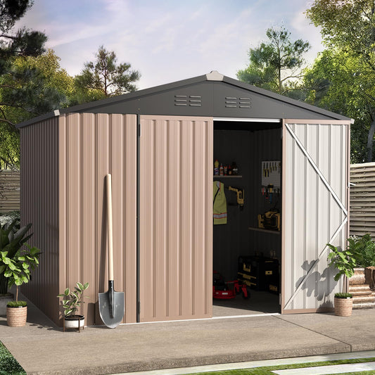 AECOJOY 6x8 FT Galvanized Steel Outdoor Storage Shed, Small Metal Garden Tool Shed with Sloped Roof & Lockable Double Hingled Doors,Gray