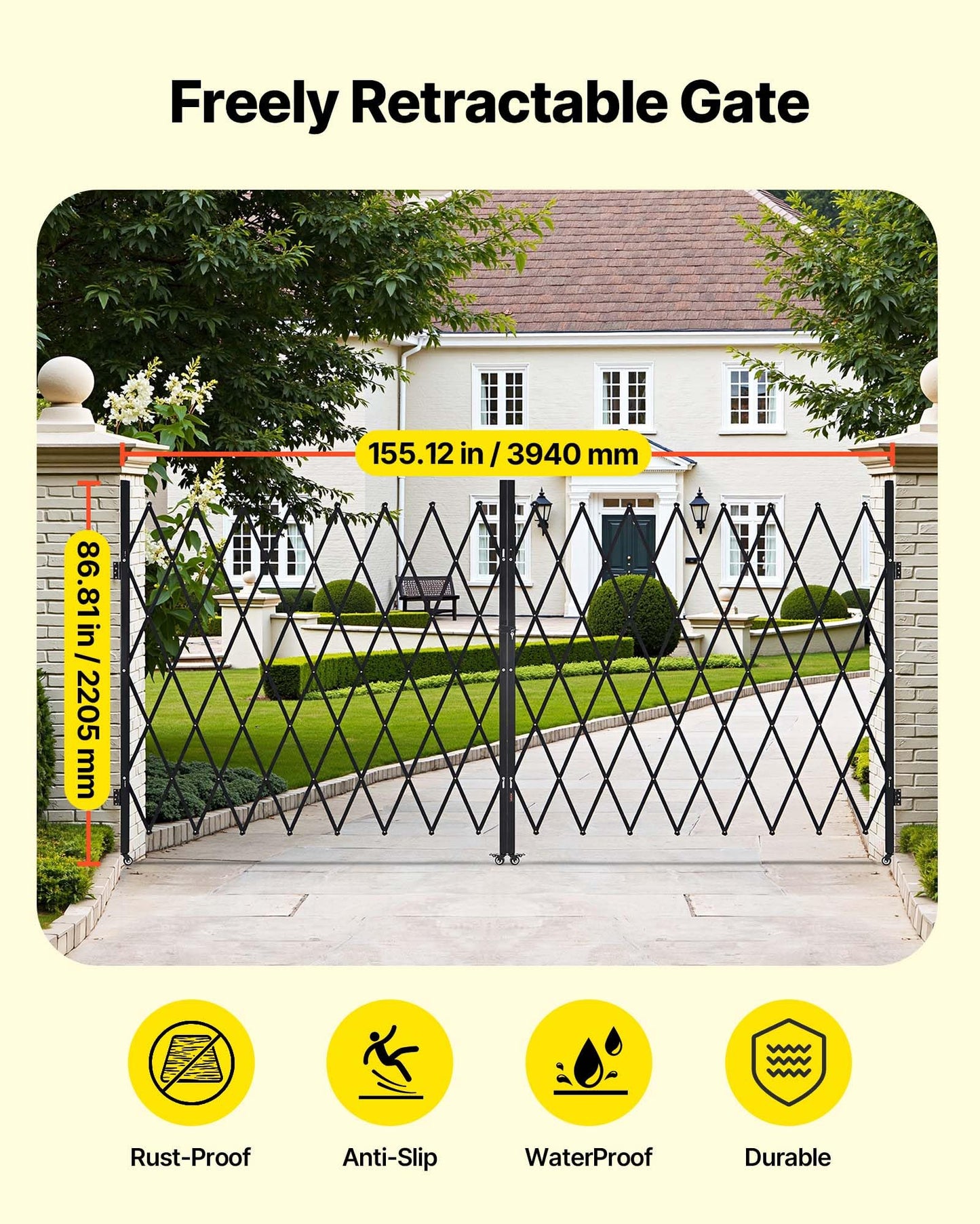 VEVOR Double Folding Security Gate, Lockable Scissor Gate with 360° Swivel Casters, Outdoor Barricade Steel Retractable Gates, for Entry Security, Garage, Warehouse & Pool, 155.12 x 86.81 in (W x H)