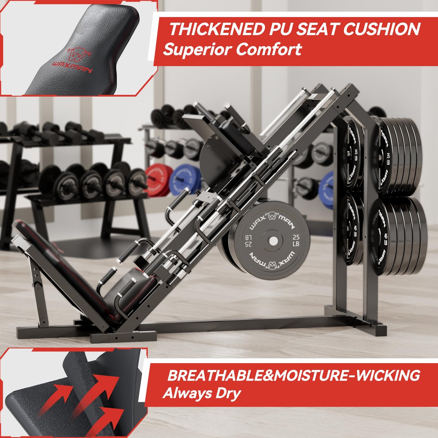 Waxman Leg Press Hack Squat Machine Combo, 2-in-1Leg Exercise Machine with Linear Bearing, Special for Lower Body with Weight Storage for Quads, Hamstring