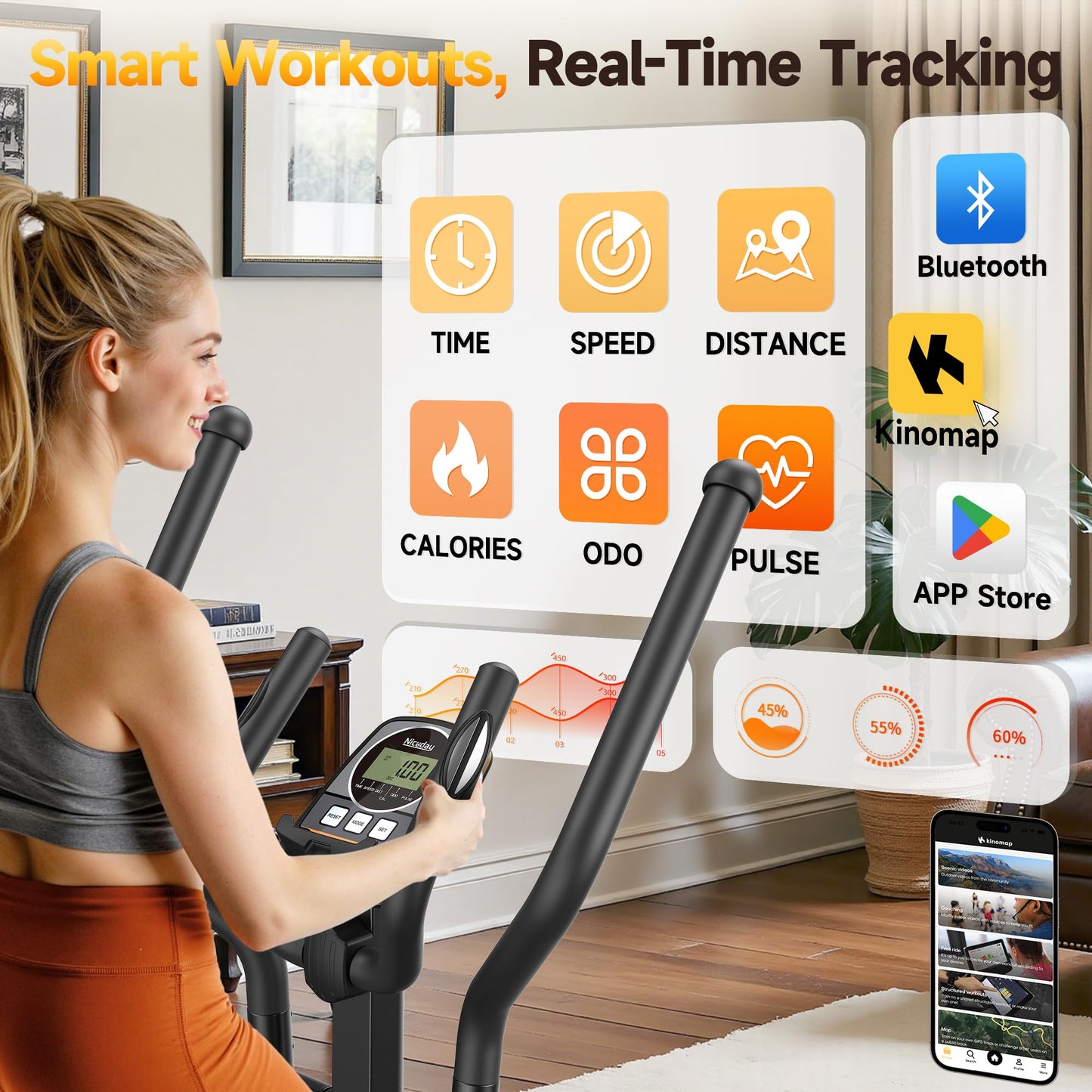 Niceday Elliptical Exercise Machine, Elliptical Machine for Home Use, Magnetic Elliptical Trainer with 18IN Stride, 16 Resistance Levels, 400LBS Loading Capacity, Support Kinomap APP Black