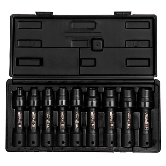 SUNEX TOOLS 2695, ½ Inch Drive Driveline Limited Clearance Socket Set, 12-Point, 9-Piece, Metric, 8mm-17mm, Cr-Mo Steel, Heavy Duty Storage Case