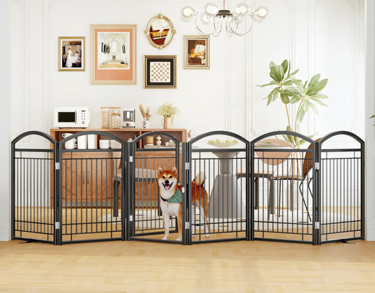 THKKY Folding No-Assembly Metal Freestanding Dog Gate with Door Walk Through,32" Height Pet Fence,144" Extra Wide Accordion Puppy Folding Playpen for Doorways,House,Stairs (6 Panels,Black)