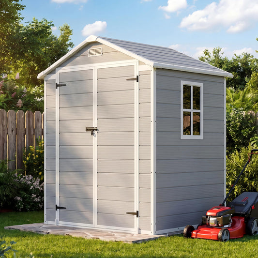Patiowell 6x4 FT Resin Outdoor Storage Shed with Floor, Plastic Storage Shed with Lockable Door, Outside Shed Perfect to Store Patio Furniture, GardenTools Bike Accessories, Lawn Mower, Light Gray