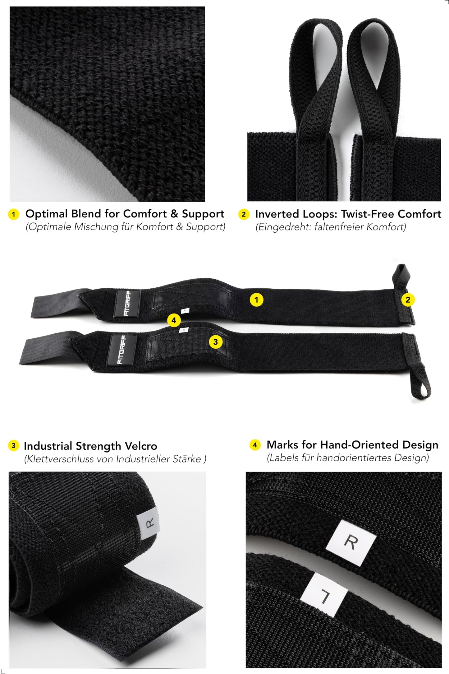 Fitgriff® Wrist Wraps for Weightlifting (18") Heavy-Duty Support for Gym, Bench Press, and Pushups (1 Pair) - for Men and Women (Black)