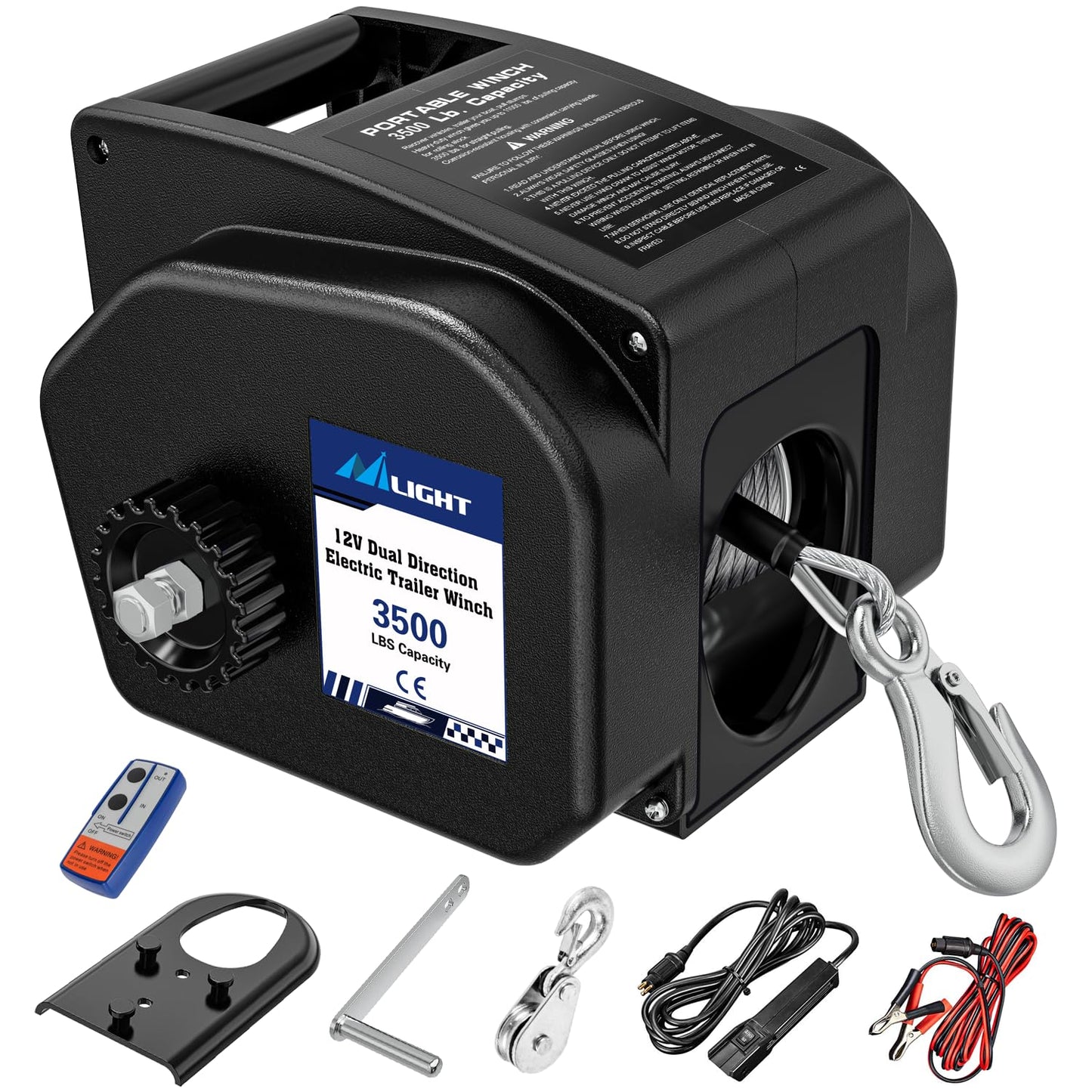Nilight Boat Trailer Winch 3500 lbs Portable Electric Boat Winches 12 V DC Marine Winch with Remote Control and Hand Crank Power-in Freewheel Operation Waterproof Reversible Winch for Boat Trailer