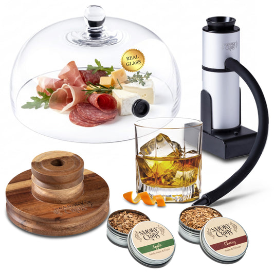 Smoky Crafts Food & Whiskey Smoker Kit with Updated Smoke Gun, 8" Glass Dome, Acacia Wood Top and Apple & Cherry Wood Chips - Old Fashioned Drink Smoker Kit