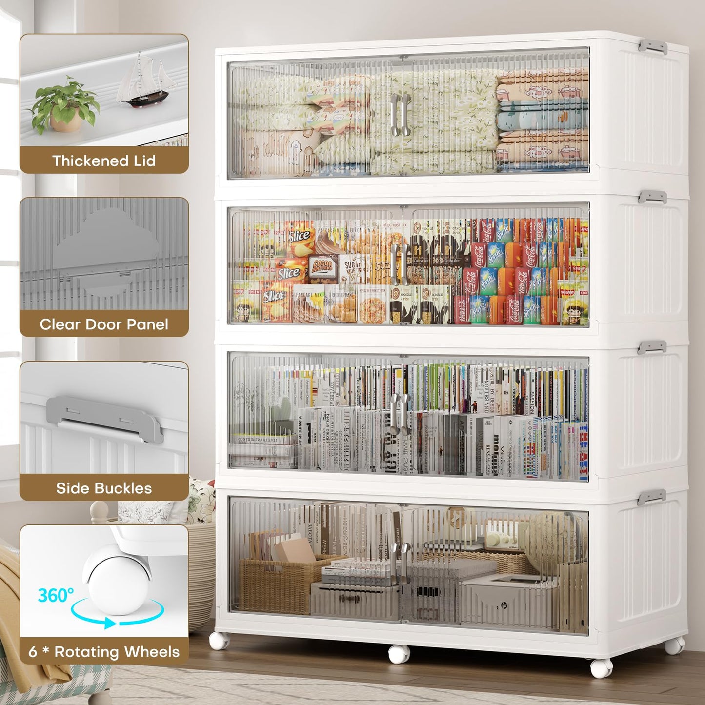 HOCRYPTA 300Gal Extra Large Foldable Storage Organizer with Lid, 1200QT Stackable Plastic Storage Bins with Clear Magnetic Doors & Wheels, for Bedroom Garage Closet Kitchen Dorm Home,5‑Pack