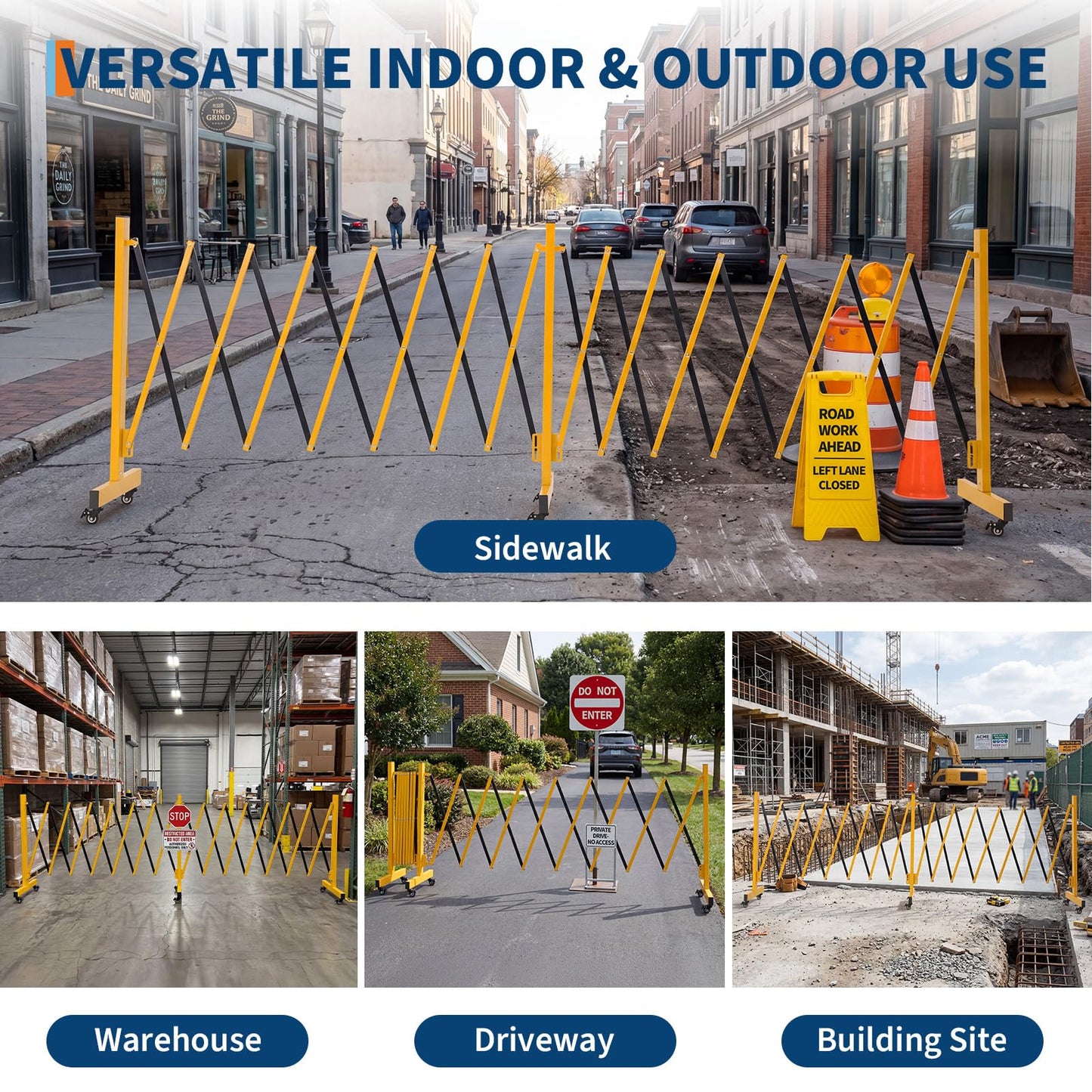 16FT Metal Expandable Mobile Barricade,Industrial Folding Security Gate Driveway Gate, Retractable Retractable Gate Outdoor,Folding Safety Barricade with Casters