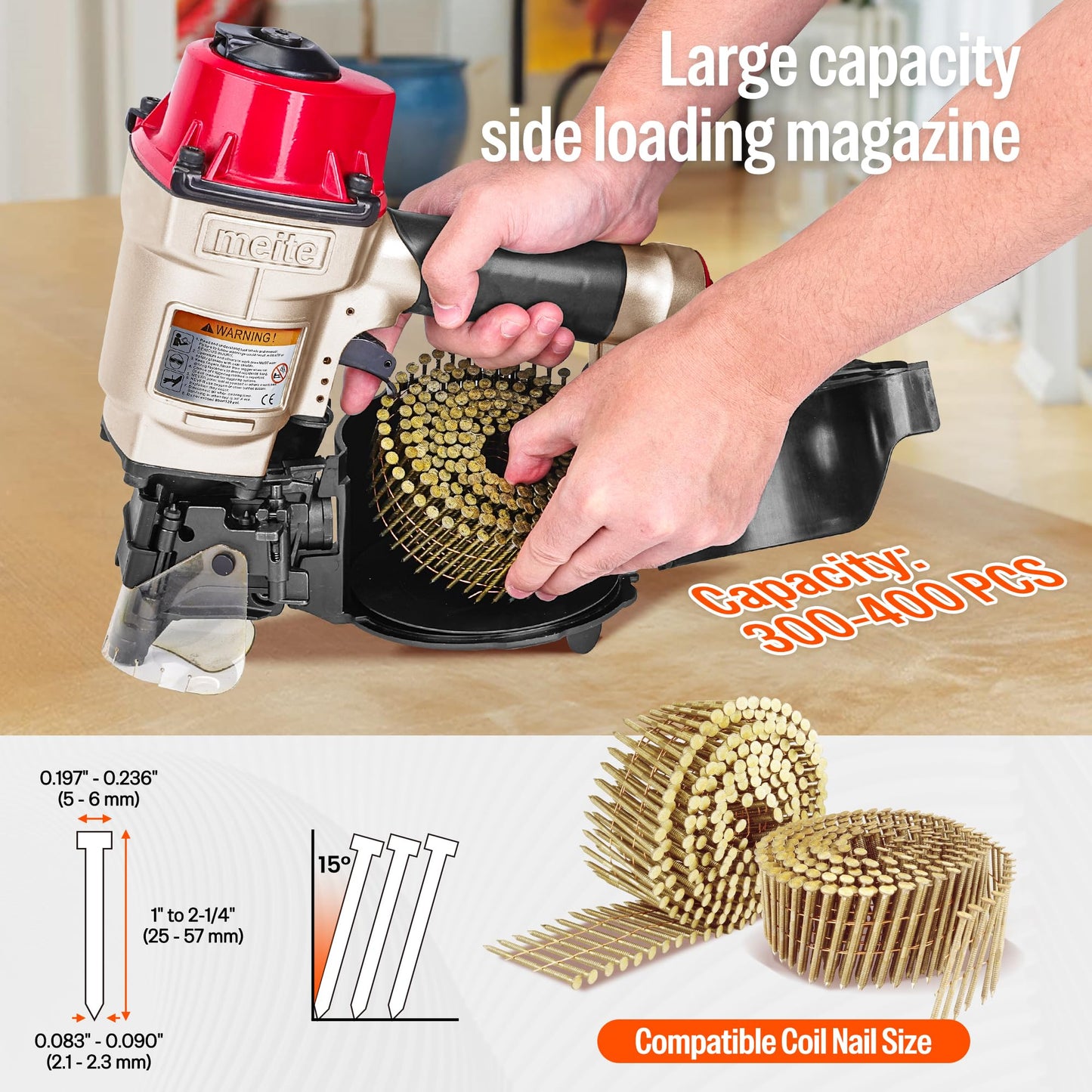 meite CN55 Pneumatic Coil Nailer with 15 Degree Siding Nails 2" × .099'' - Air Coil Nail Gun with 400PCS Magazine, 360° Adjustable Exhaust for Framing Sheathing Pallets Hardwood Projects