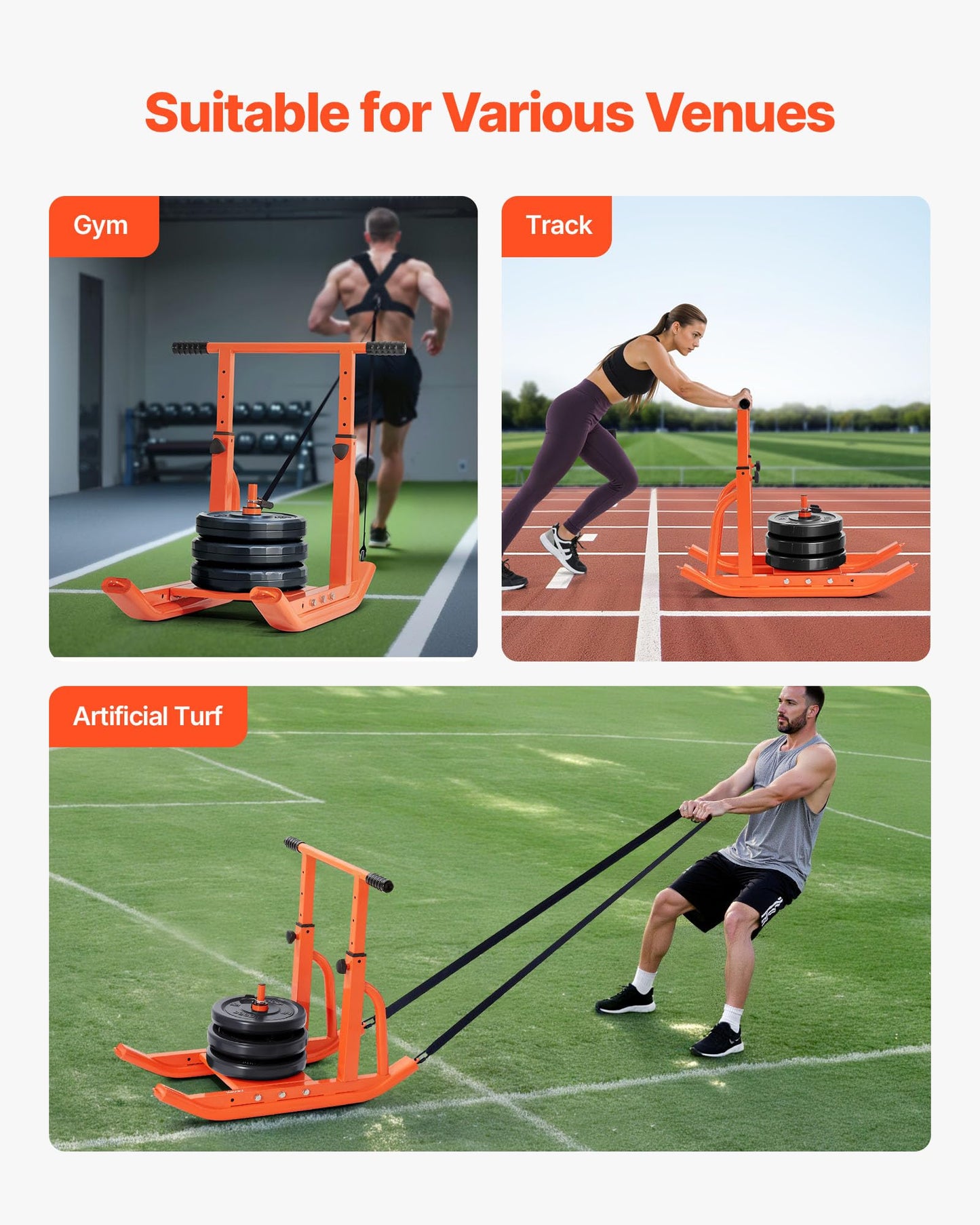 VEVOR Weight Sled, Fitness Training Pull Push Running Sled, Fitness Workout Sled Push Gym Equipment, Adjustable Height Handle, Compatible 1/2 in Weight Plates, Orange, Football Sleds and Chutes