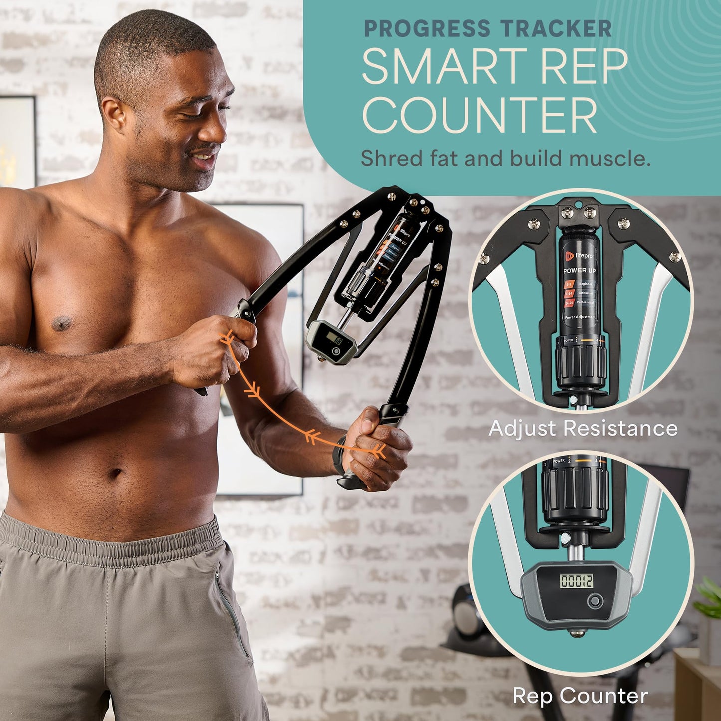 Lifepro Shredforce Hydraulic Power Chest Expander and Arm Twister Trainer Exerciser - Adjustable 22-440lb Resistance, Smart Rep Counter - Home Gym Workout Equipment for Upper Body Strength Training