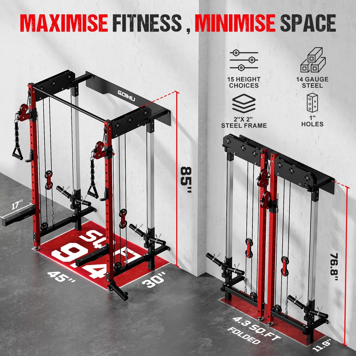GOIMU WM3-V4 Folding Squat Rack, Wall Mounted Power Rack with Dual Independent Pulley System, Functional Trainer with 5 Adjustable Function Modes for Space Saving (WM3 Folding Cage Red)