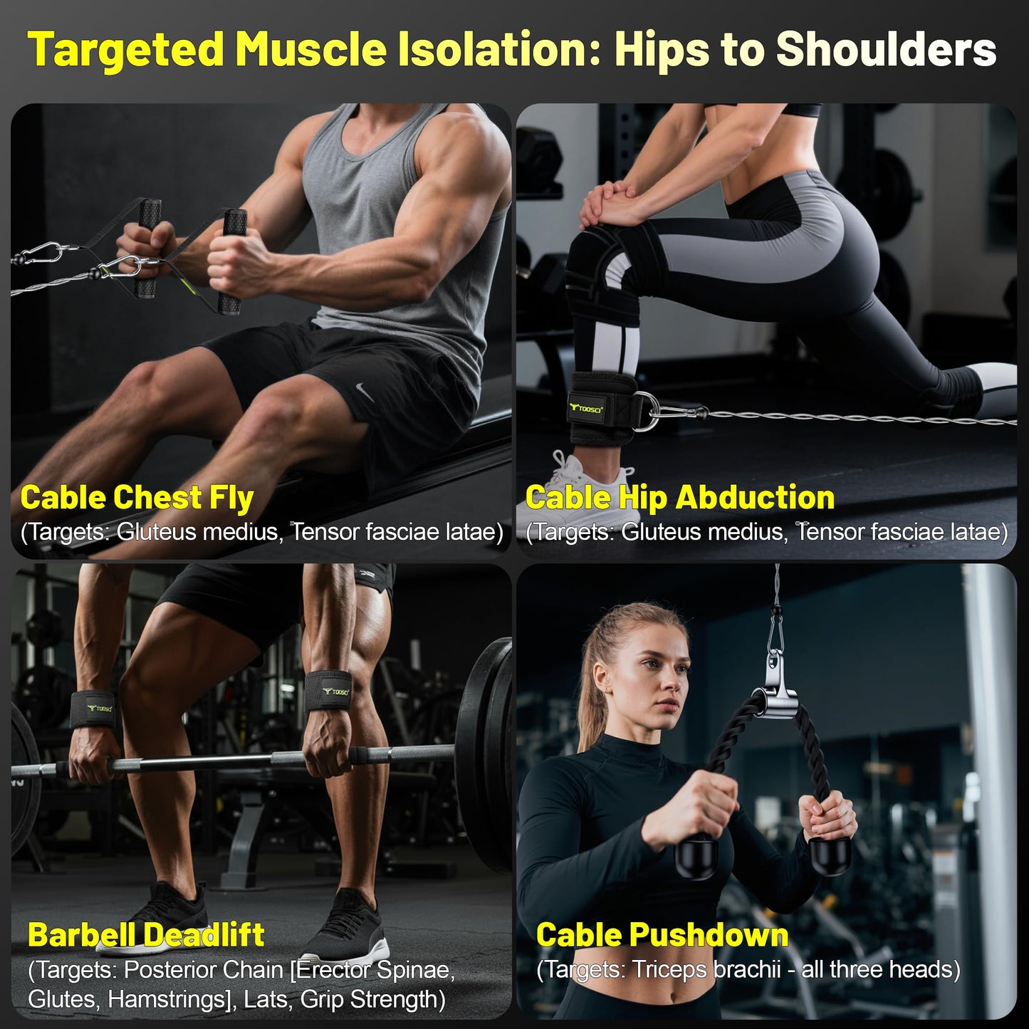 Toosci Cable Attachments for Gym, LAT Pulldown & Cable Machine Attachment Set: V-Shaped Bar, Rotating Straight Bar, V Rotation Handle, Nylon Tricep Rope, Ankle Straps & Handles, Home Gym