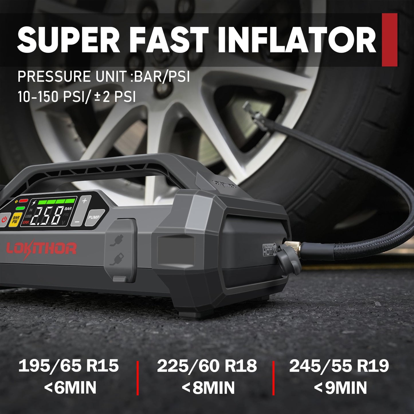 LOKITHOR JA401 3750A Jump Starter with Air Compressor, 60W Two-Way Fast Charing, 12V Lithium Battery Starter with 150PSI Auto-Shutoff Tire Inflator, Booster Pack for 10.0L Gas or 8.0L Diesel Engines