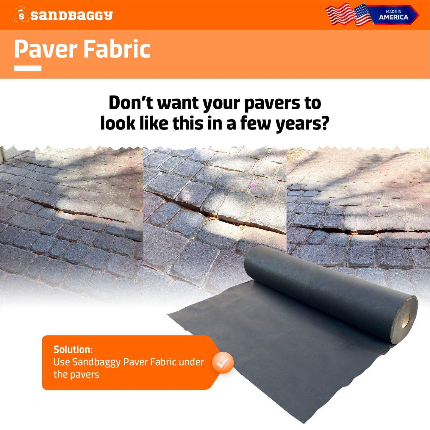 Sandbaggy Paver Underlayment Fabric 8 oz | for All Types of Pavers | Made in America | 50 Year Fabric | 2X Thicker Than Competition | UV Protected Industrial Grade Fabric (6 ft x 100 ft Roll)