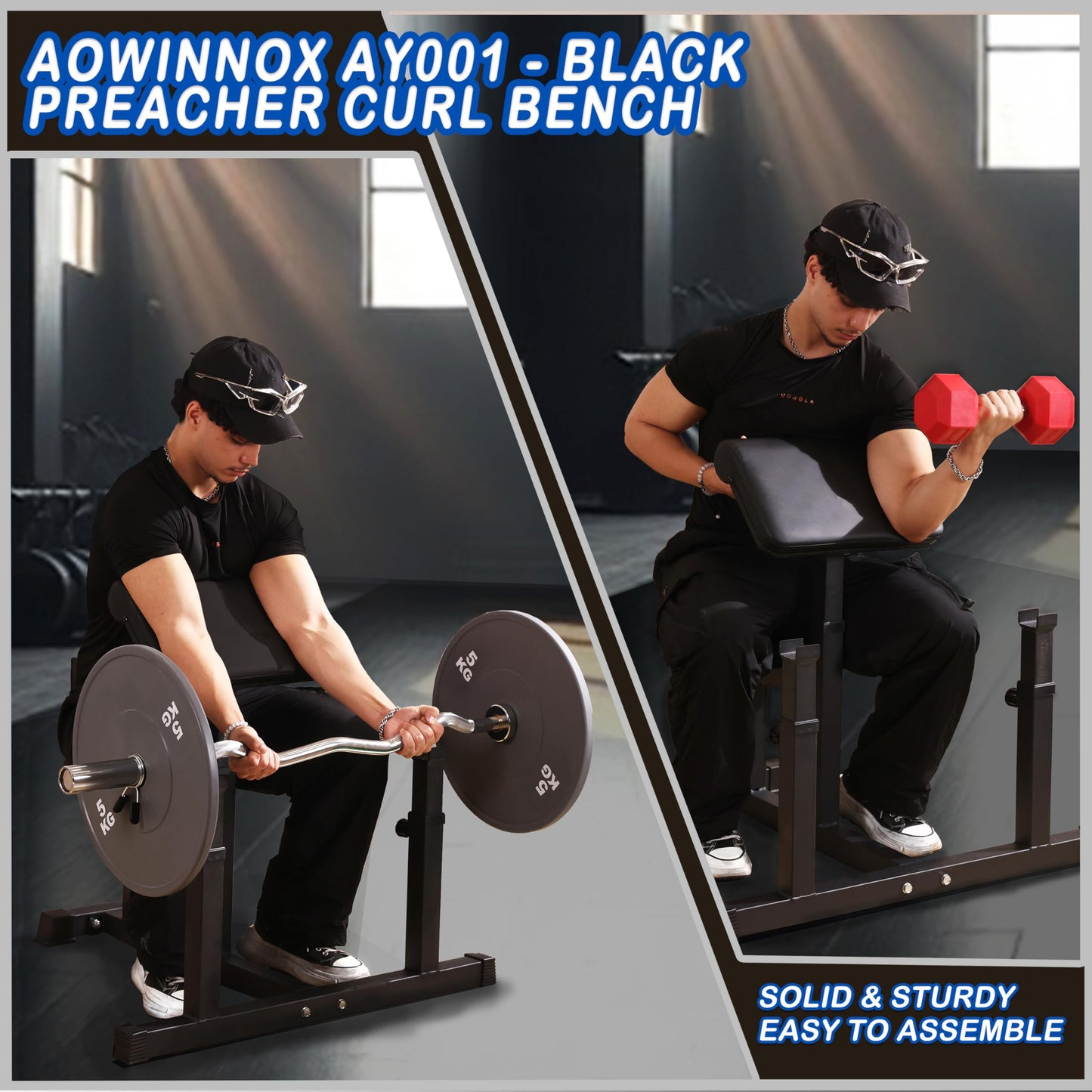 AOWINNOX Fitness Black Adjustable Arm Preacher Curl bench, Bicep Tricep Curl Machine, Seated trenghthen Training Isolated Barbell Dumbell Station for Home Gym
