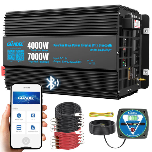 GIANDEL 4000W Pure Sine Wave Power Inverter 12V to 120V AC,7000W Surge,Compatible with All 12V Batteries,Bluetooth Control,30FT Wired Remote,FCC Approved for RV Campers Off-Grid Solar Systems